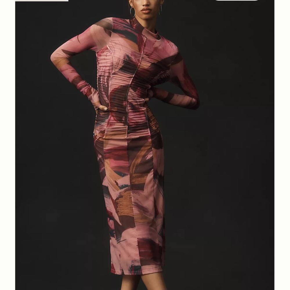 By Anthropologie Long-Sleeve Printed Mesh Midi Dress
